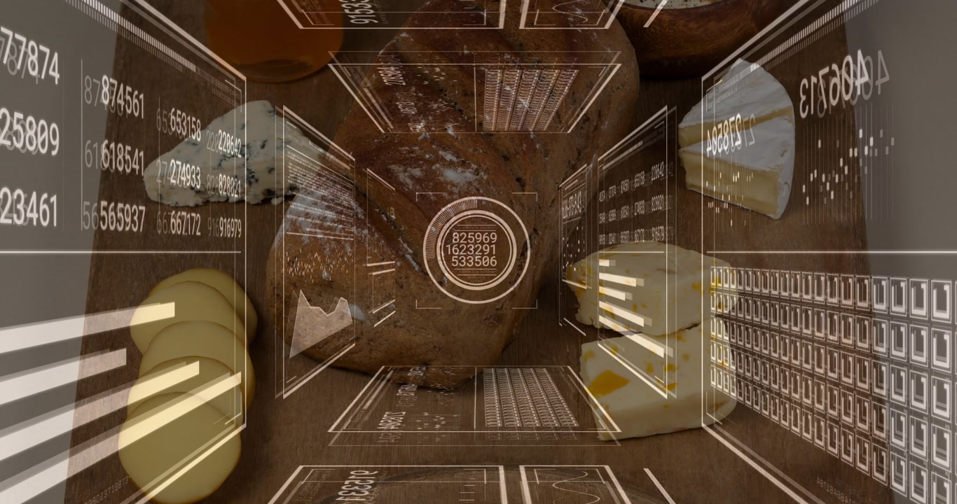 HUD appearing over wood board with bread, cheese forming tunnel filling grid fading revealing food