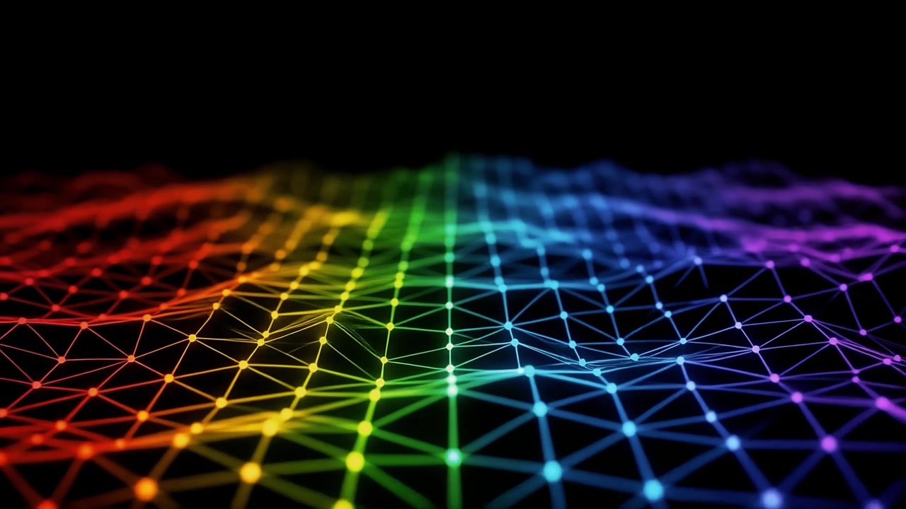 Dynamická digitální síť s duhovými barvami a plynulým pohybem
