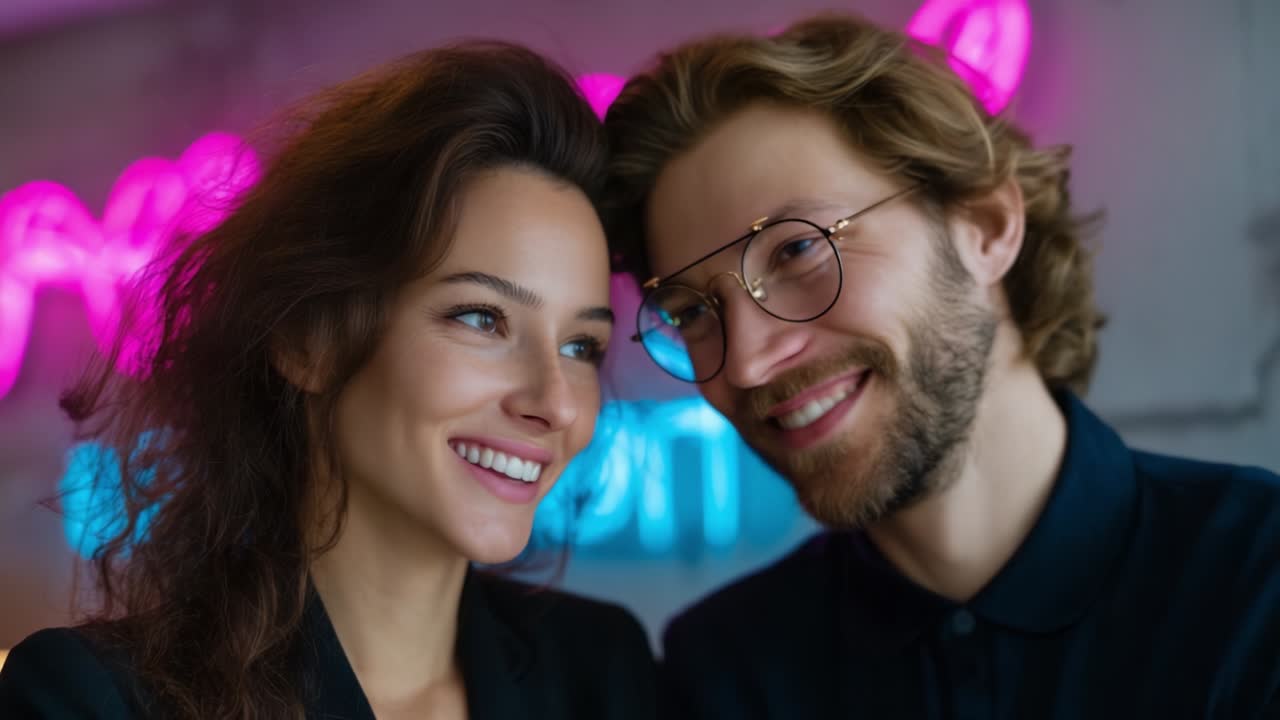A Joyful Moment Between Two Friends in a Stylish Setting with Neon Lights Highlighting Their Connection and Emotion, Capturing Laughter and Happiness in the Frame of a Creative Atmosphere