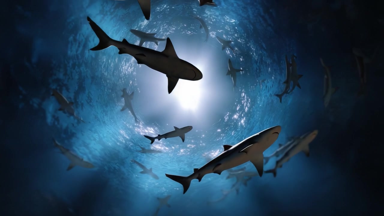 A Dramatic Underwater View of Sharks Swimming in a Brightly Illuminated Circular Abyss Surrounded by Deep Blue Waters and Dynamic Lighting Effects