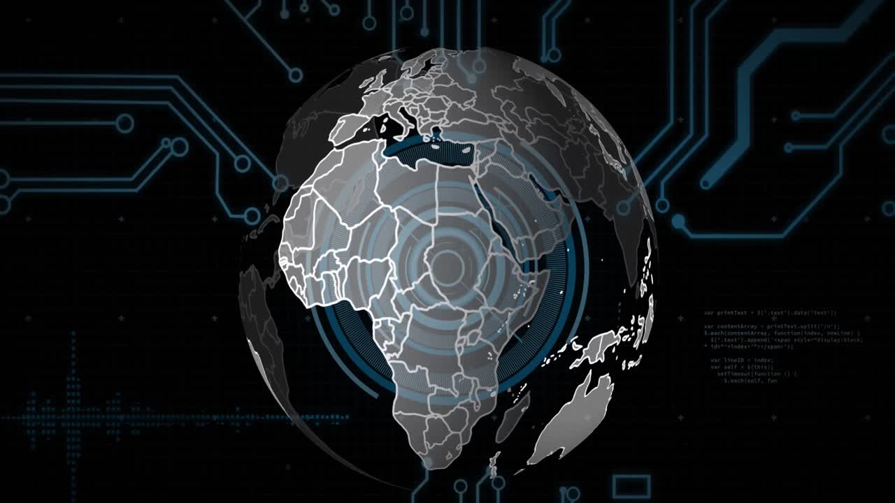 Animation of spinning globe over round scanner, microprocessor connections and data processing
