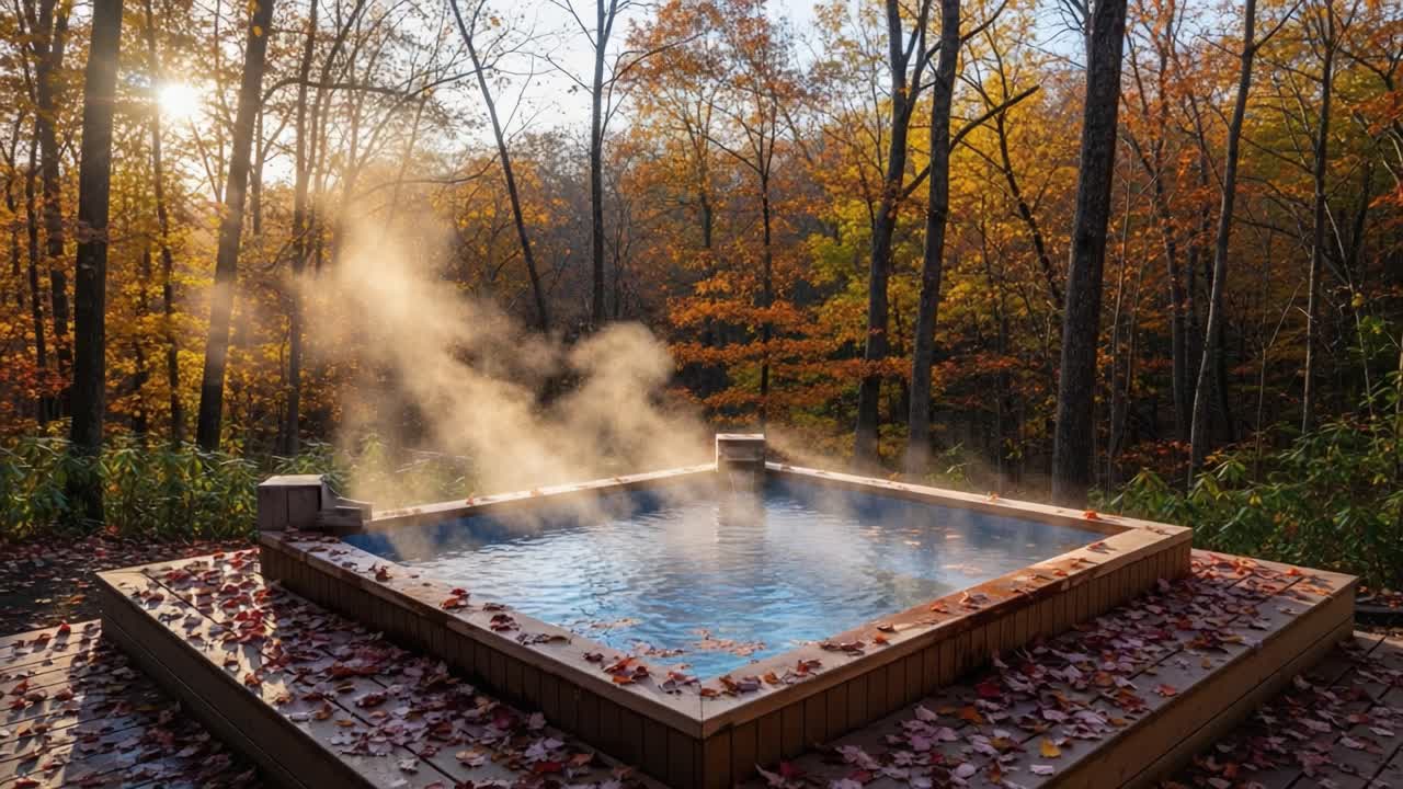 A Serene Outdoor Hot Tub Enveloped in Steam Amidst Vibrant Autumn Foliage, Inviting Relaxation and Tranquility in a Picturesque Natural Setting