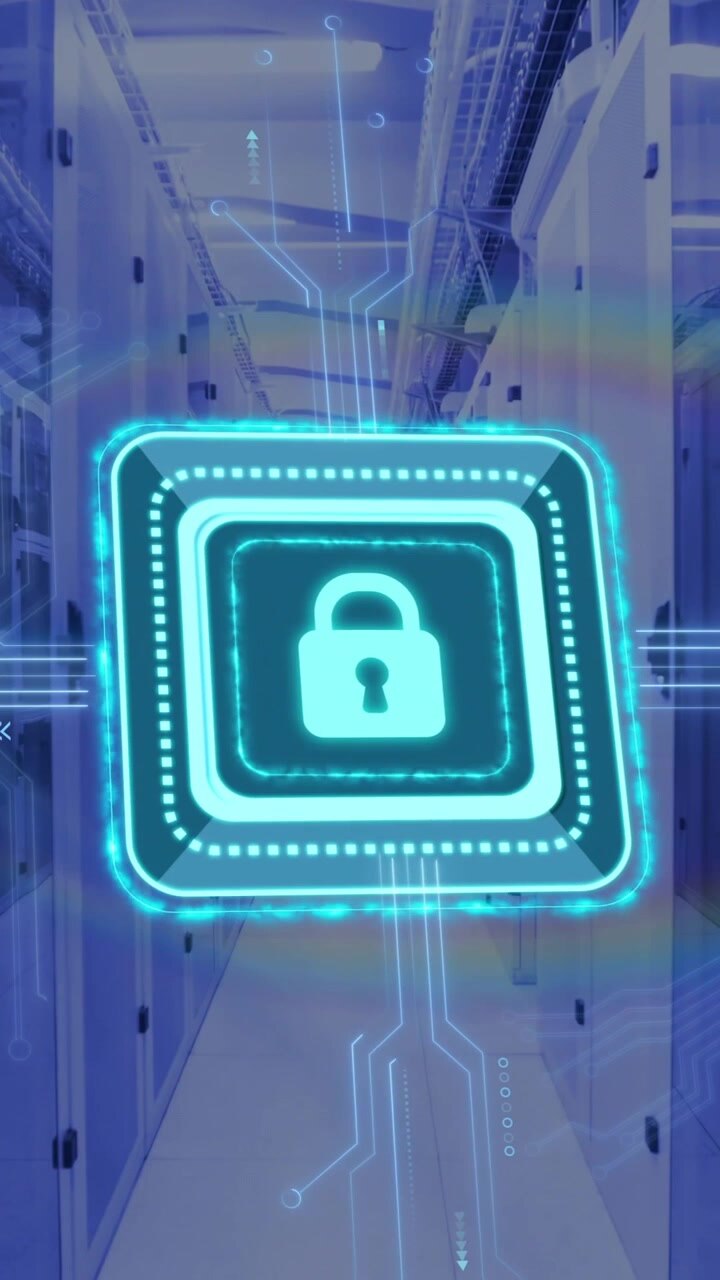 Animation of digital data processing, padlock icon, circuit board and computer servers