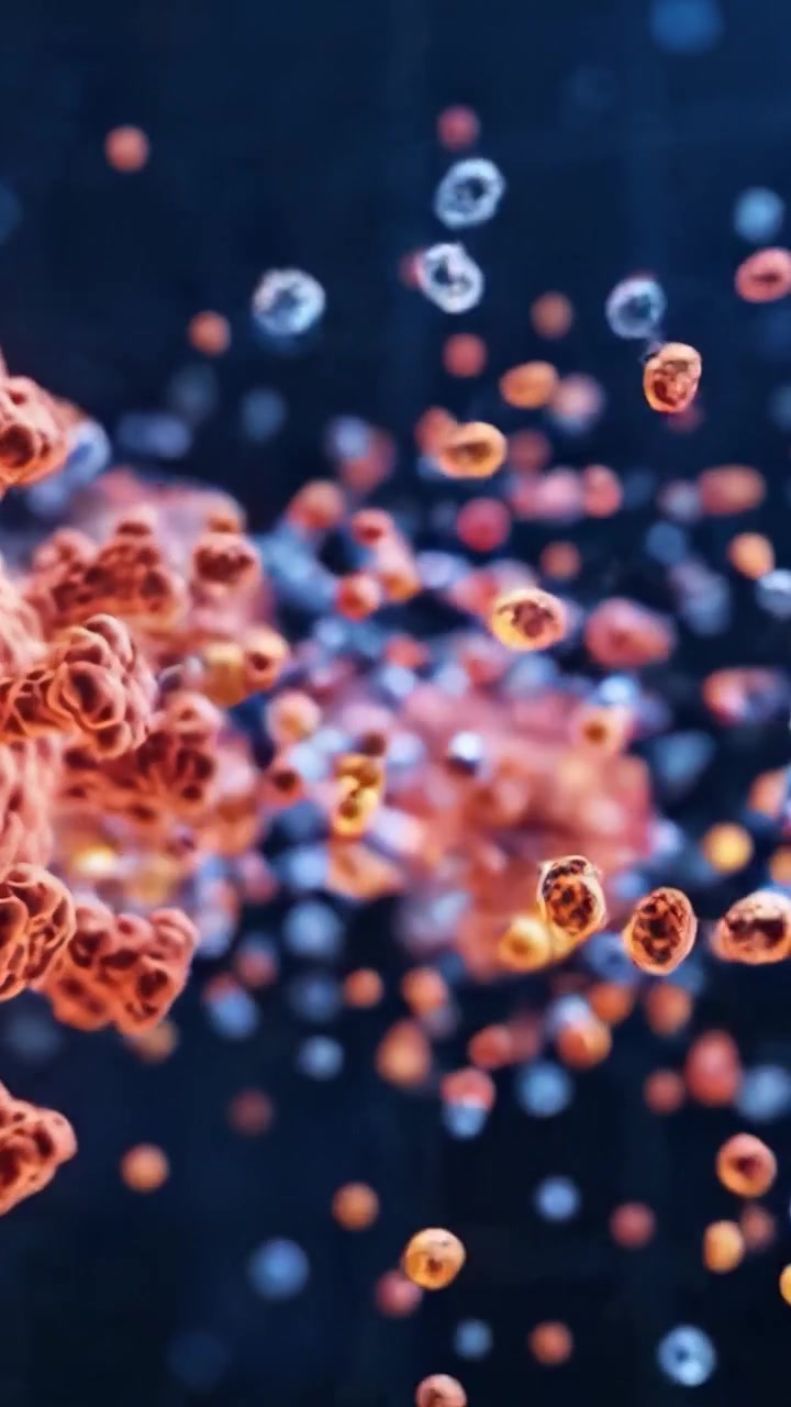 Una visualizzazione dettagliata delle strutture virali che passano dal rosso vivace al blu freddo, raffigurando la natura complessa dei patogeni e del loro ambiente microbico.