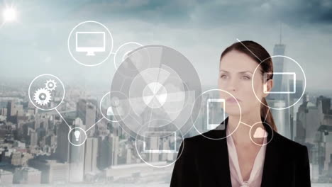 animación de procesamiento de datos con alcance e iconos sobre mujer de negocios caucásica y paisaje urbano