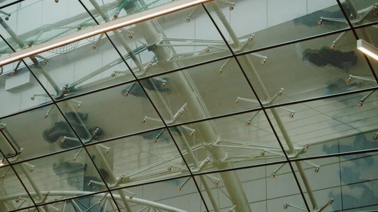 Abstract view of a modern glass roof with reflections of people walking above. Architectural structure with steel beams and transparent panels, creating an urban, minimal and contemporary atmosphere