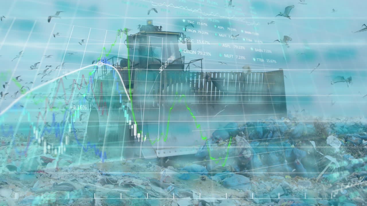 하늘의 새들과 함께 쓰레기 매립장에서 일하는 불도저에 대한 금융 데이터 처리