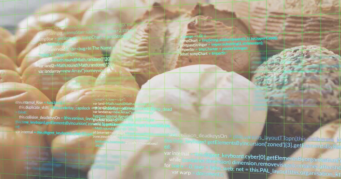 Líneas de cuadrícula verdes desvaneciéndose y fragmentos de código desplazándose sobre pan para visualizar la integración digital