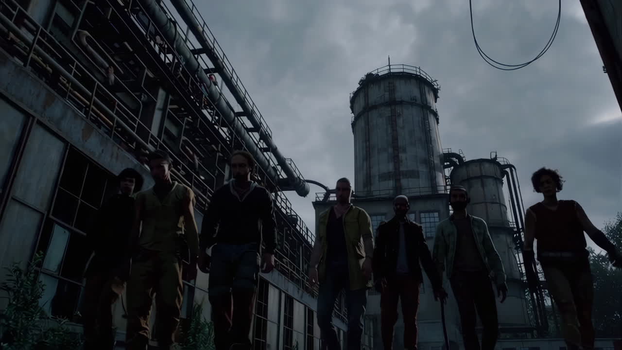 Groupe de survivants dans une usine désaffectée
