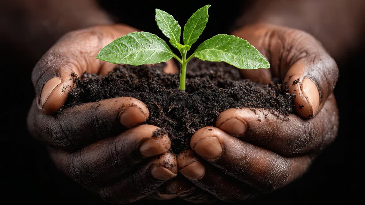 Nurturing New Life: A Close-Up of Hands Holding a Young Plant Emerging from Rich Soil in a Symbol of Growth and Commitment to Sustainability