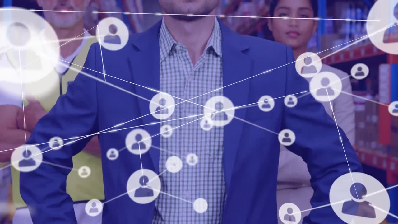 red de iconos de perfil sobre el retrato de supervisores masculinos y femeninos y trabajadores masculinos en el almacén