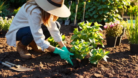 woman gardening, planting hydrangeas