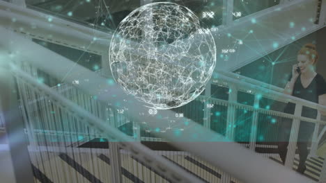 animation of financial data processing over caucasian businesswoman in office
