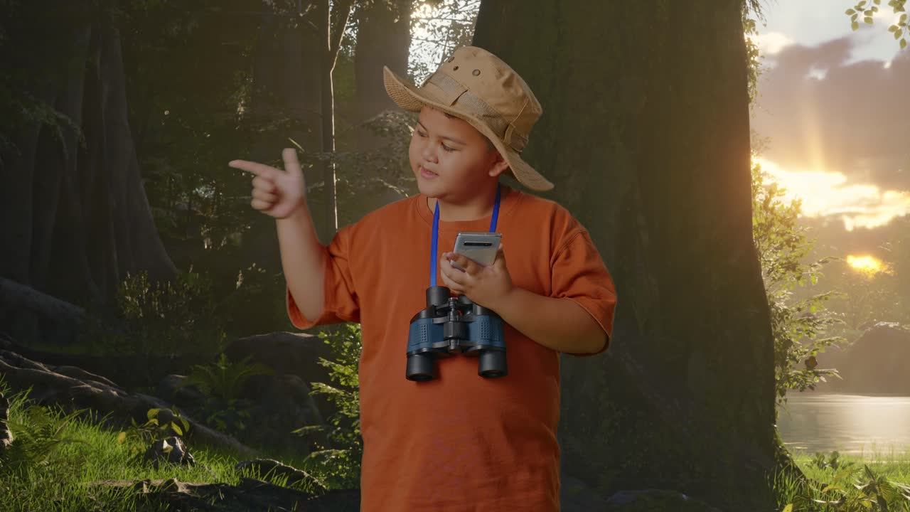 niño asiático con sombrero y binoculares mirando su teléfono inteligente luego sonriendo y señalando hacia un lado mientras explora la naturaleza forestal. niño investigador examina algo, concepto de aventura de turismo de viaje