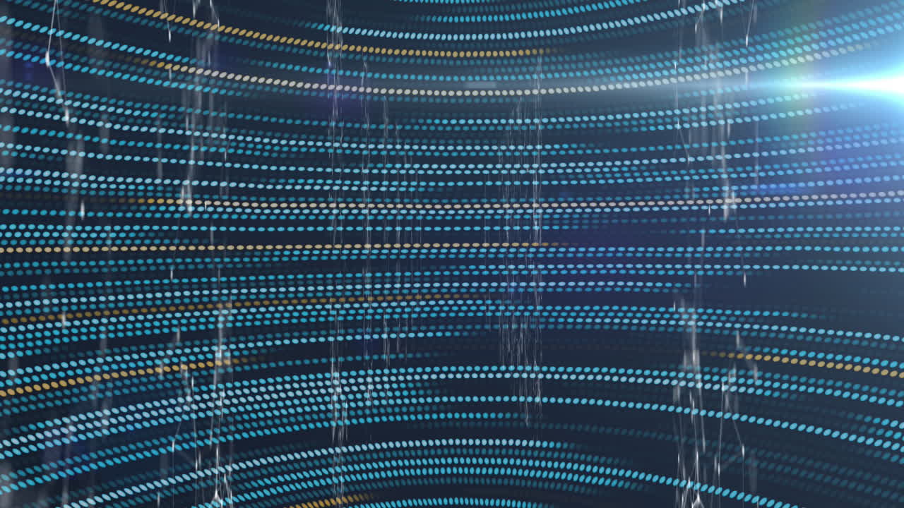 Animation of data processing over navy background with yellow and green lights