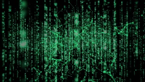 animación de puntos conectados iluminados sobre el lenguaje de programación moviéndose sobre un fondo negro