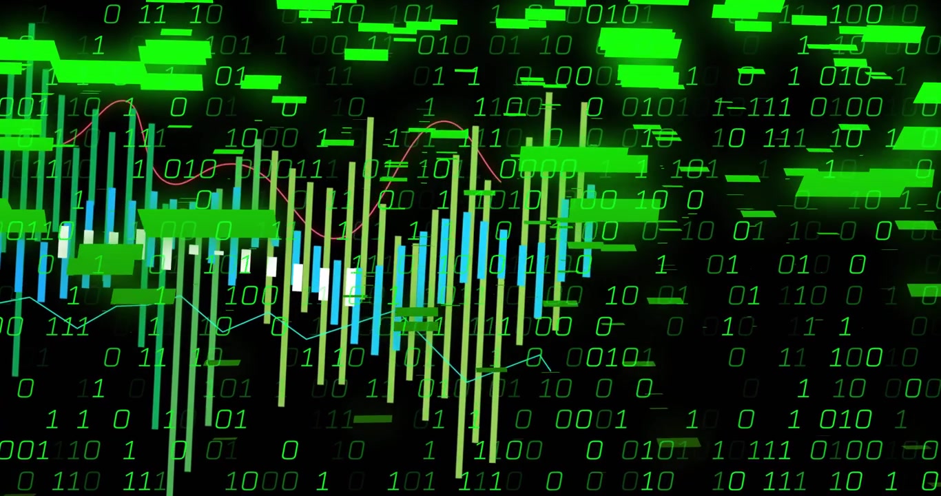 Binary digits initiating candlestick bars growing while line graphs flowing to visualize data flow
