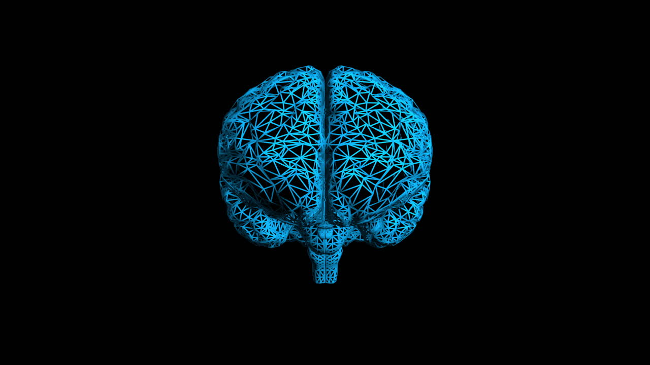 Transparent Blue 3D Brain Spinning on Black Background
