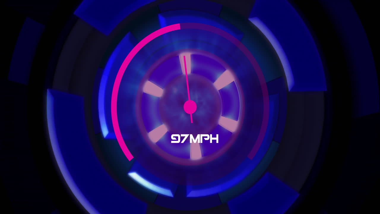 Speedometer animation showing 97 MPH with vibrant blue and pink colors