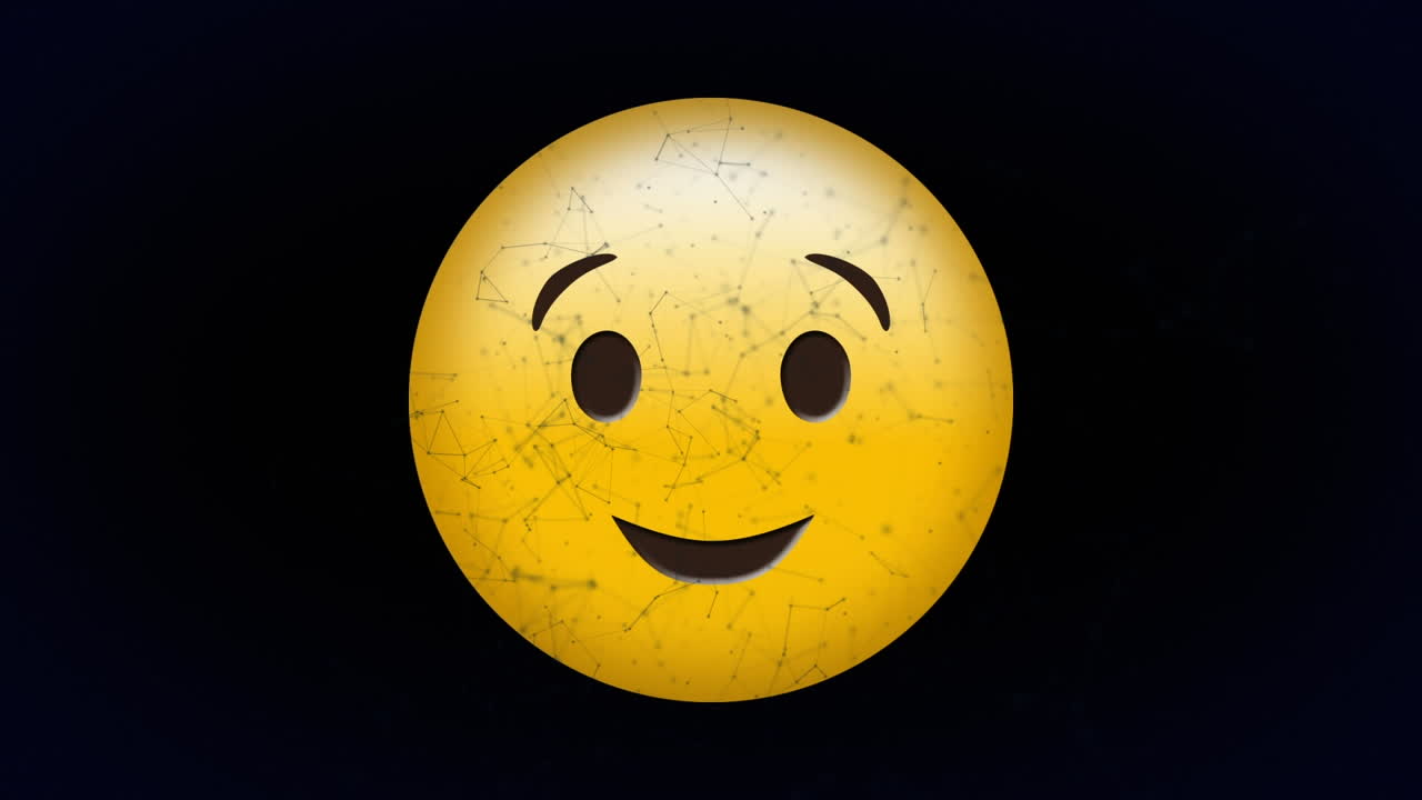 Digital animation of network of connections floating over winking face emoji on black background