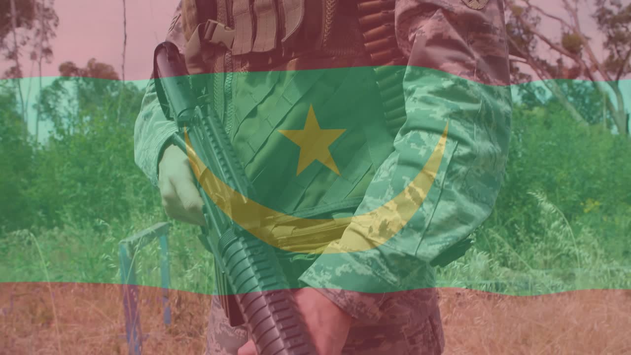 방어 훈련을 위해 위협 요소를 강조 표시하는 애니메이션 타겟팅 그리드가 있는 병사가 구역을 스캔하고 있어요