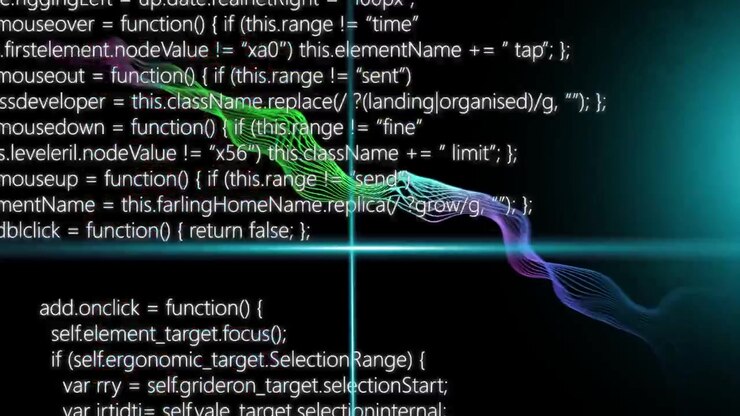 Cyan-Scanlinie startet, Neonband bewegt sich nach rechts, schlängelt sich durch wechselnden Code, Datenvisualisierung.