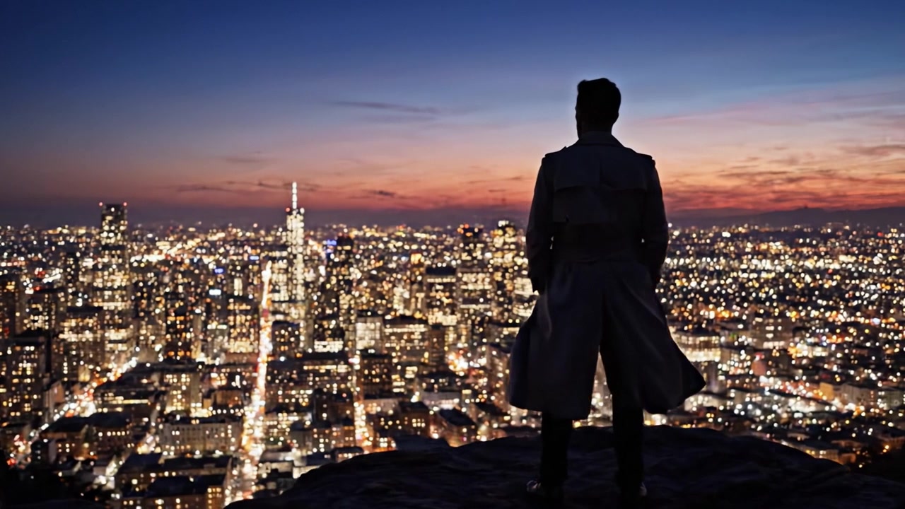 Una figura in silhouette osserva un paesaggio urbano scintillante al crepuscolo, catturando la bellezza della vita urbana mentre la notte cala sullo skyline.