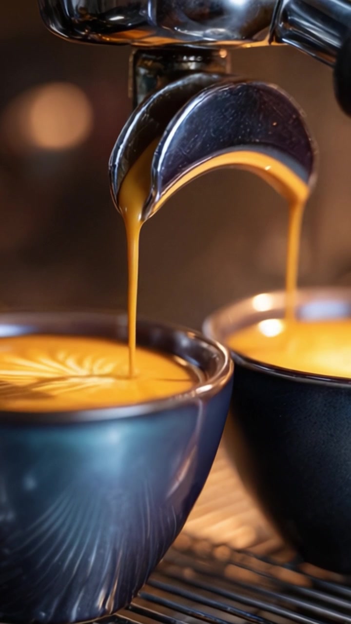 Creazione Artigianale di Espresso: Un primo piano di caffè liscio e ricco che si versa in ciotole splendidamente lavorate, mostrando la maestria delle tecniche di preparazione del caffè.