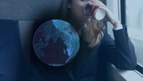 animation of blue global network over businesswoman on train using smartphone