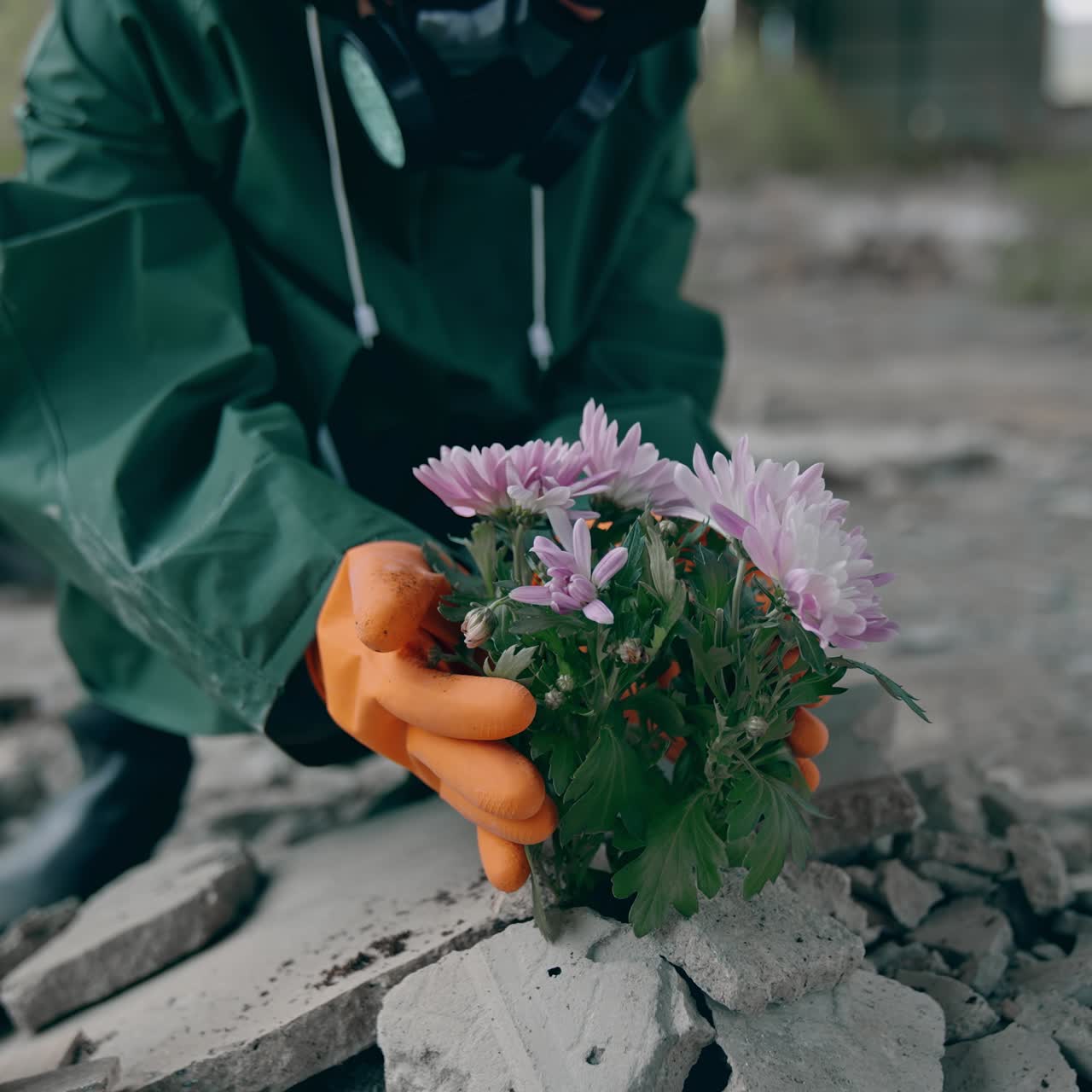 Human in hazmat planting in urban city. Farming in apocalypsis