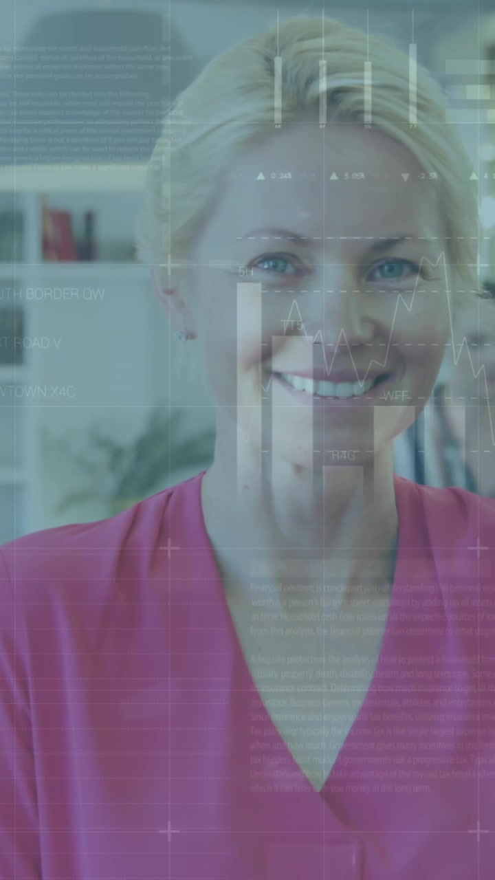 Animation of data processing over caucasian businesswoman in office