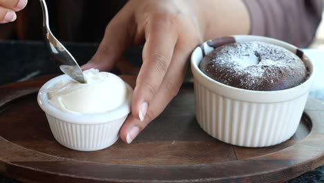 chocolate lava cake with vanilla ice cream