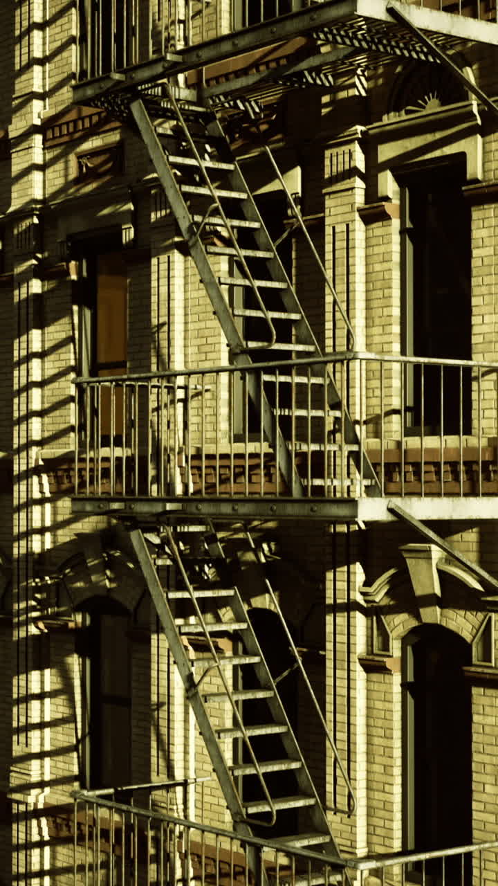 Historic building with fire escape under cloudy sky in an urban setting