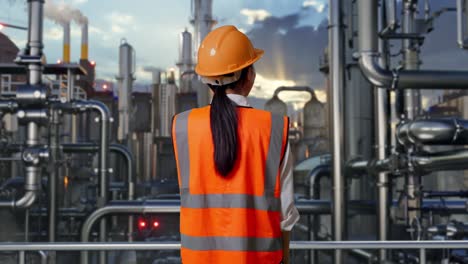 back view of asian female engineer with safety helmet talking on smartphone while standing in a refinery, oil processing equipment and machinery