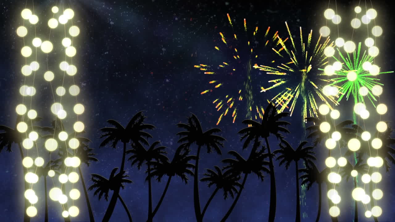 cadenas brillantes de luces de hadas con fuegos artificiales