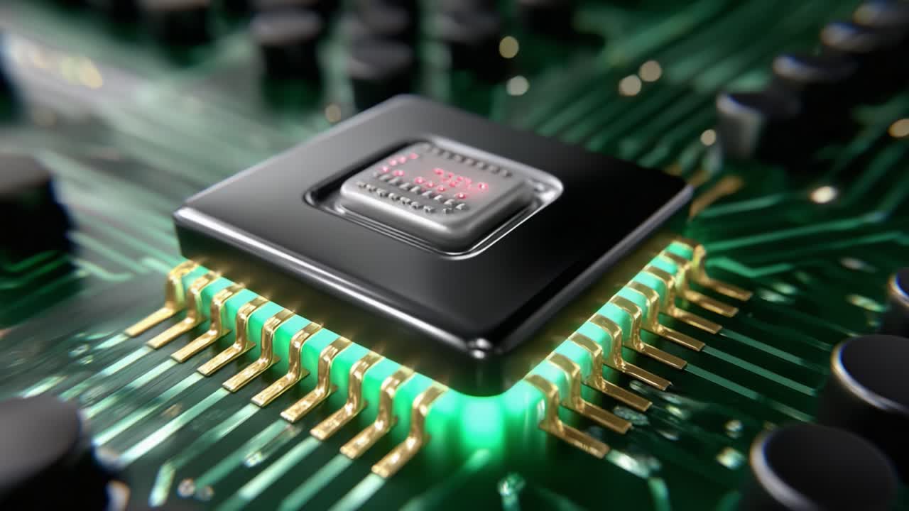 A Close-Up View of a High-Tech Microprocessor Embedded in a Circuit Board, Highlighting Its Complexity and Functionality with a Glowing LED Indication on a Modern Electronic Component