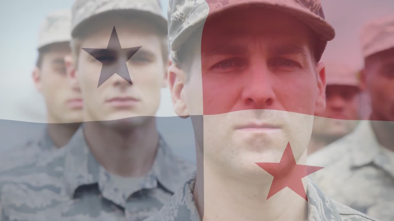 Military unit standing on field, flag overlay shifting demonstrating AR technology tint transition