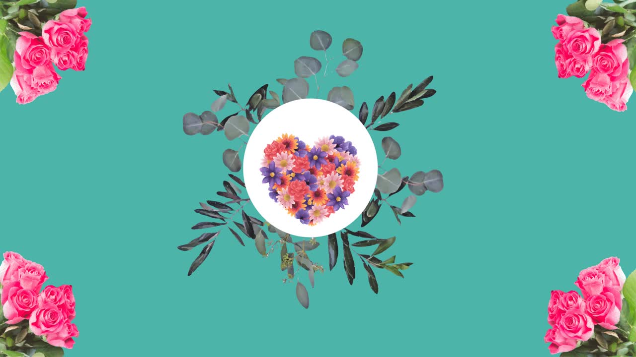 초록색 배경에서 최면 운동으로 움직이는 꽃의 심장의 애니메이션