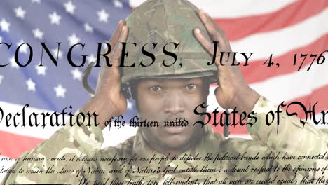 animation of document over flag of usa and african american male soldier