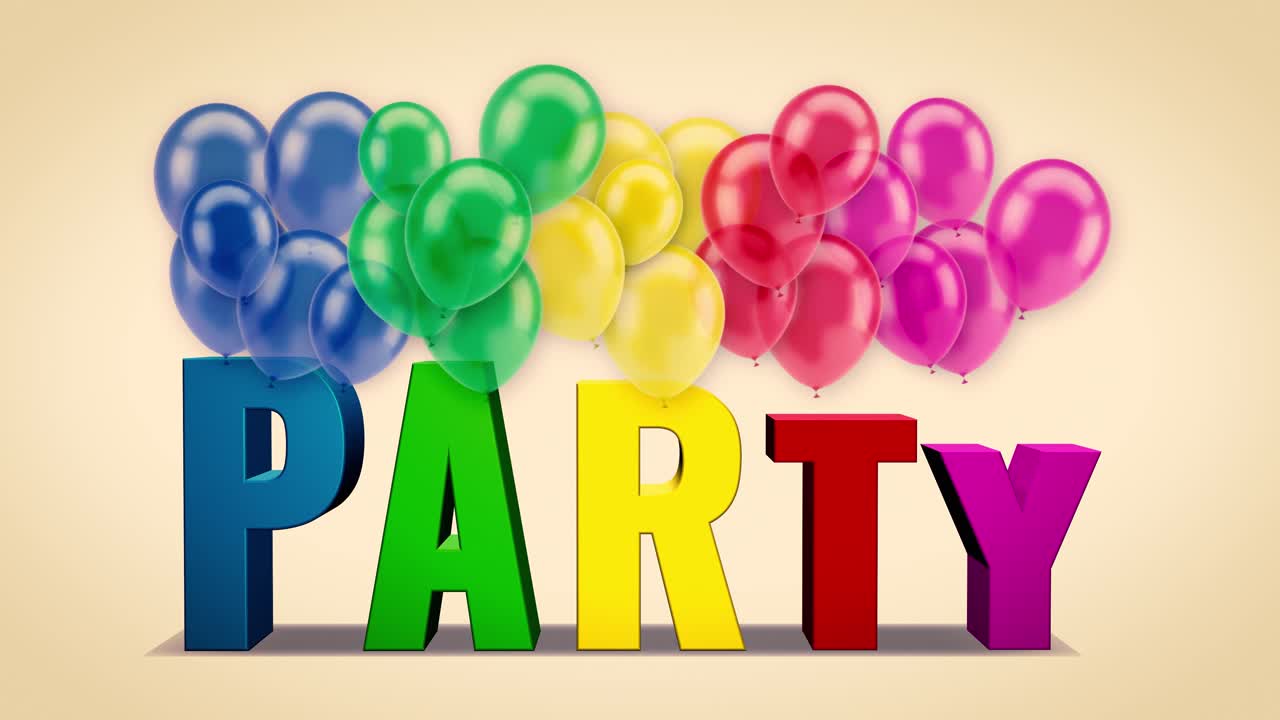 Vibrant 3D "PARTY" text animation with a bunch of colorful balloons floating behind it. High-quality seamless loop on a clean background, perfect for festive events, birthdays, and celebration backgro