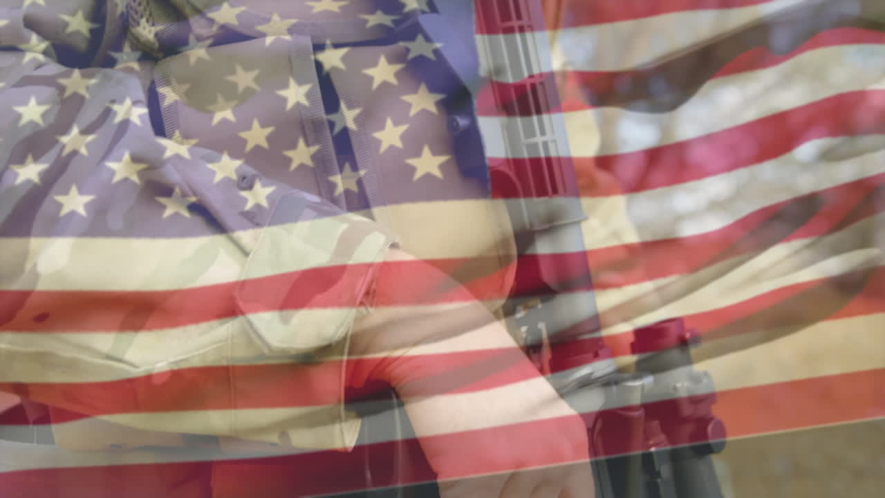 Animation of flag of usa over biracial male soldier