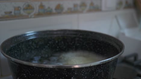 close-up shot of mature female hand pouring chopped potatoes in a frying pan