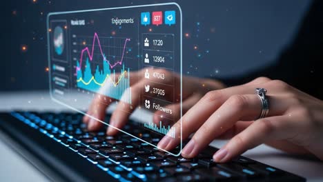 analyzing social media engagement metrics through advanced analytics dashboard displayed on a transparent overlay while typing on a computer keyboard