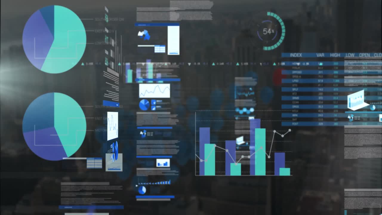 animación de múltiples gráficos, círculos de carga y tablero de negociación sobre el paisaje urbano moderno contra el cielo