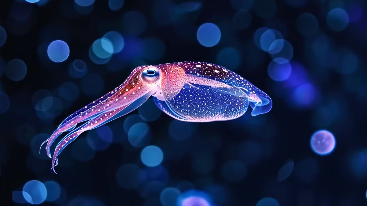Small Cuttlefish Swimming in Deep Blue Ocean Water