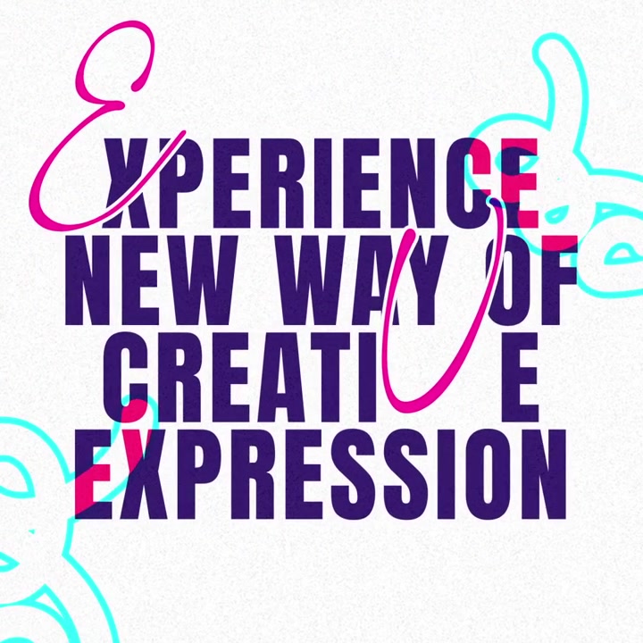 Grafica testuale animata che visualizza 'Sperimenta un nuovo modo di espressione creativa'