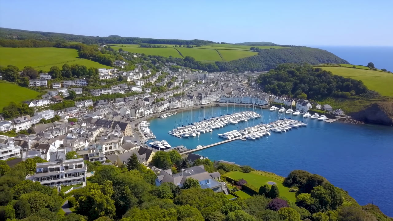 Aerial View Coastal Marina Town Harbor Rows Of White Yachts In Turquoise Bay, Stone Cottages On Verdant Hills,