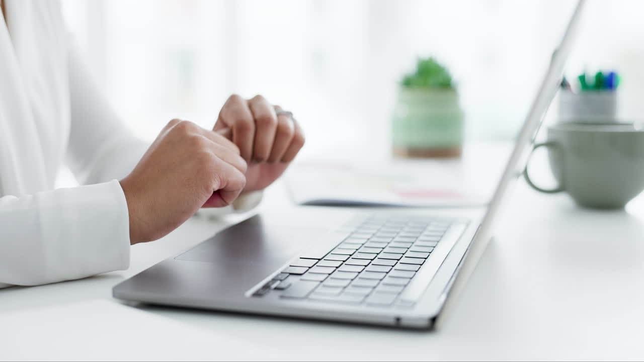 Office, hands typing and woman with laptop