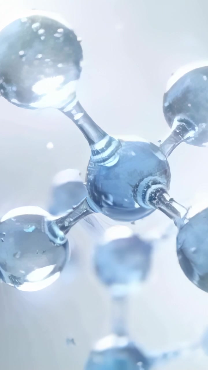 Video vertical: Cámara orbitando revelando nodos azules girando y exponiendo enlaces y gotas en un laboratorio.