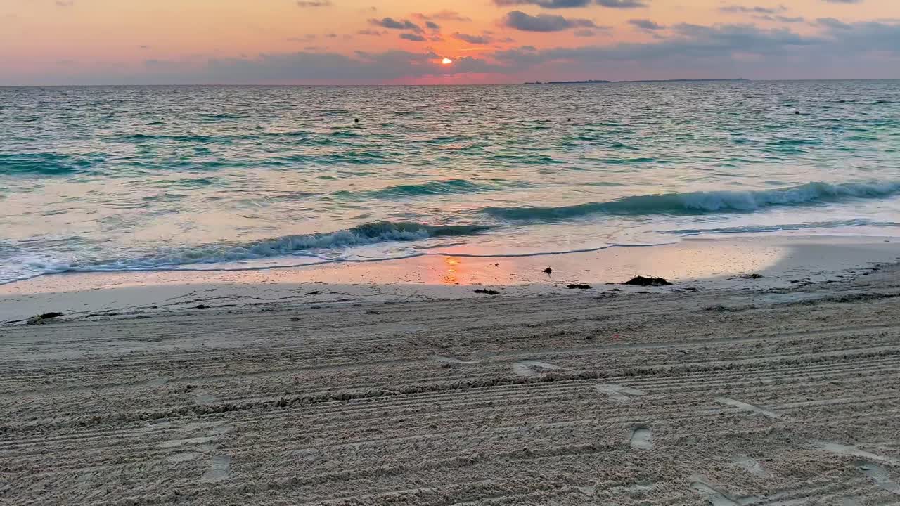 mujer caminando a lo largo de la playa de arena al atardecer con las olas del océano en el fondo